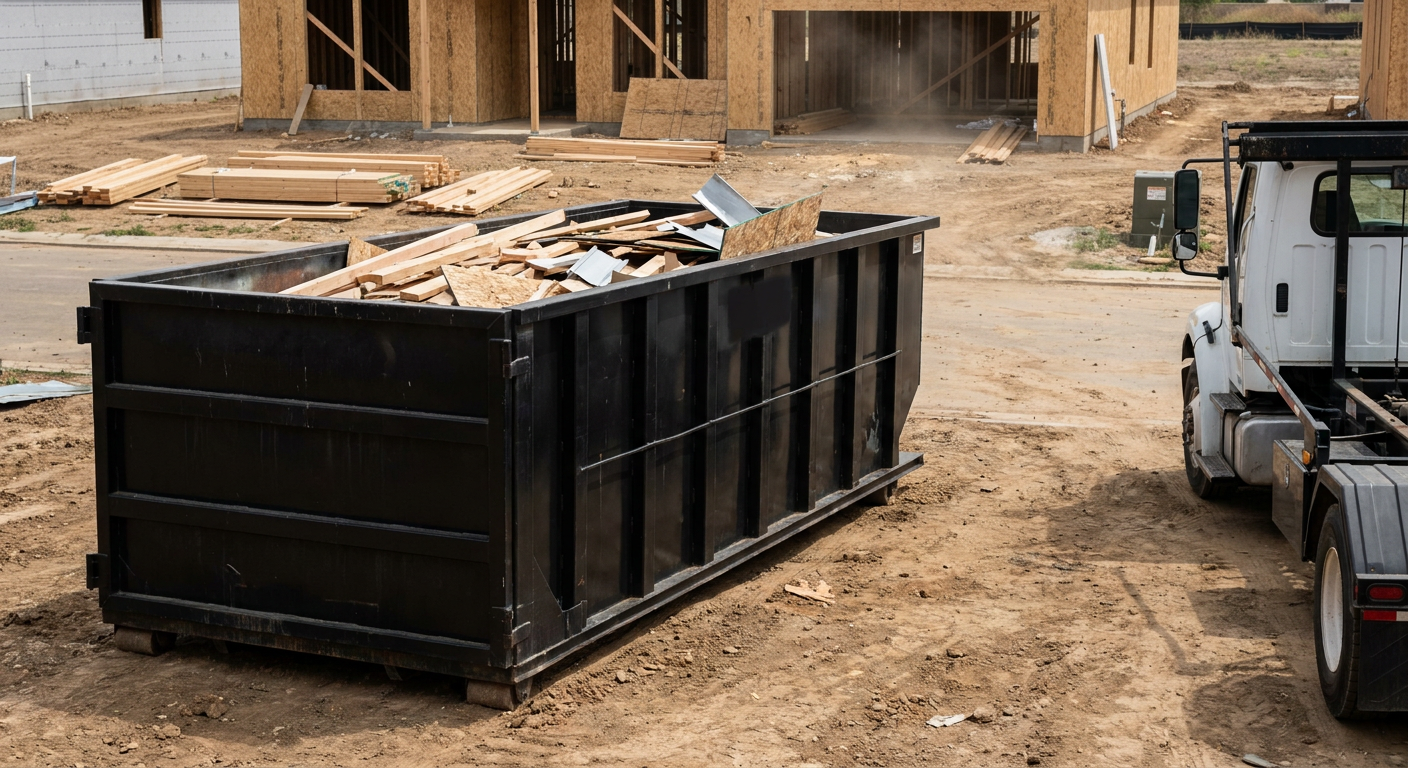 Matte-black 20-yard roll-off construction dumpster with heavy ribbed steel sidewalls and swing rear doors at a working jobsite in West Palm Beach, sitting directly on compacted dirt with an unmarked white hauler partially visible at the far edge of the frame.