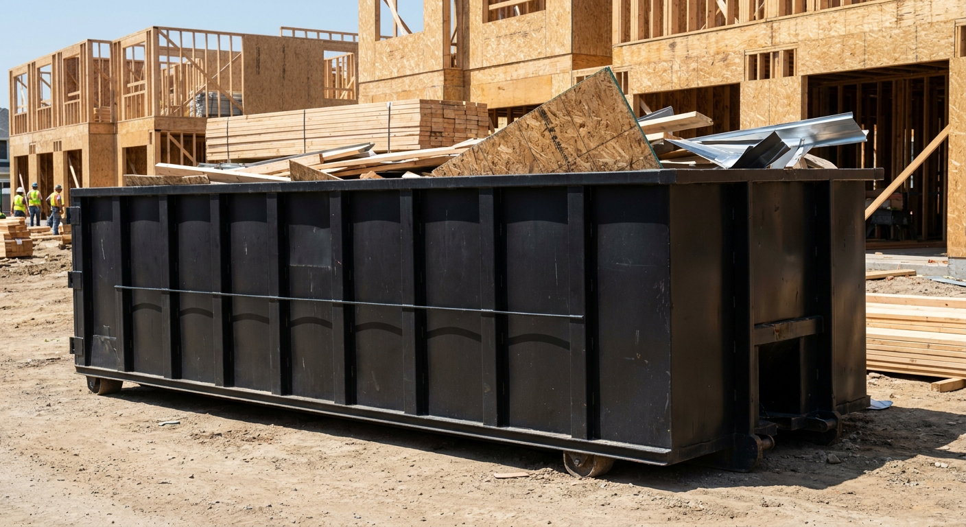 Matte-black 40-yard roll-off construction dumpster being lowered from a white-cab hooklift delivery truck onto the compacted-dirt jobsite at a commercial build site in West Palm Beach