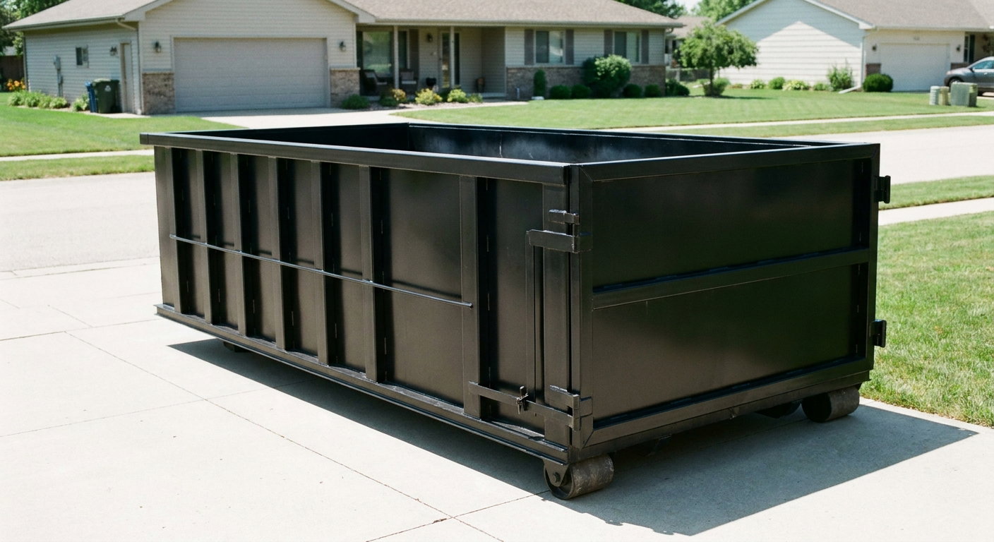 Matte-black 10-yard roll-off dumpster on a residential concrete driveway in West Palm Beach, uniformly painted matte black across every panel and rail, ribbed steel sidewalls and rear swing door visible, mid-day daylight.