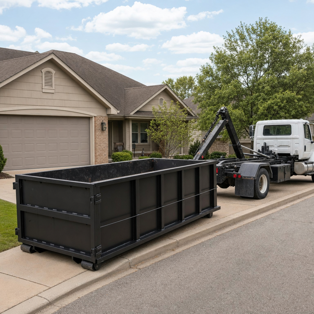 Wide documentary shot of a matte-black roll-off dumpster on a West Palm Beach residential driveway in the foreground and a contractor jobsite container in the soft-focus background, bright daylight, calm and orderly composition.