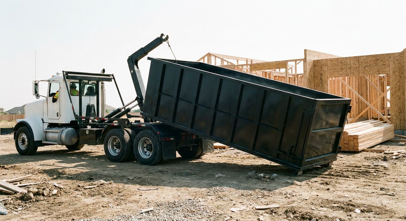 Matte-black roll-off dumpster being delivered onto a clean residential concrete driveway in West Palm Beach by an unmarked white hooklift hauler truck, bright morning daylight, documentary 35mm perspective.