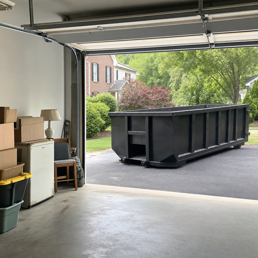 Open garage interior in a West Palm Beach home mid-cleanout — boxed items, an old appliance, and stacked yard tools queued near the driveway for a matte-black roll-off dumpster, organized and calm