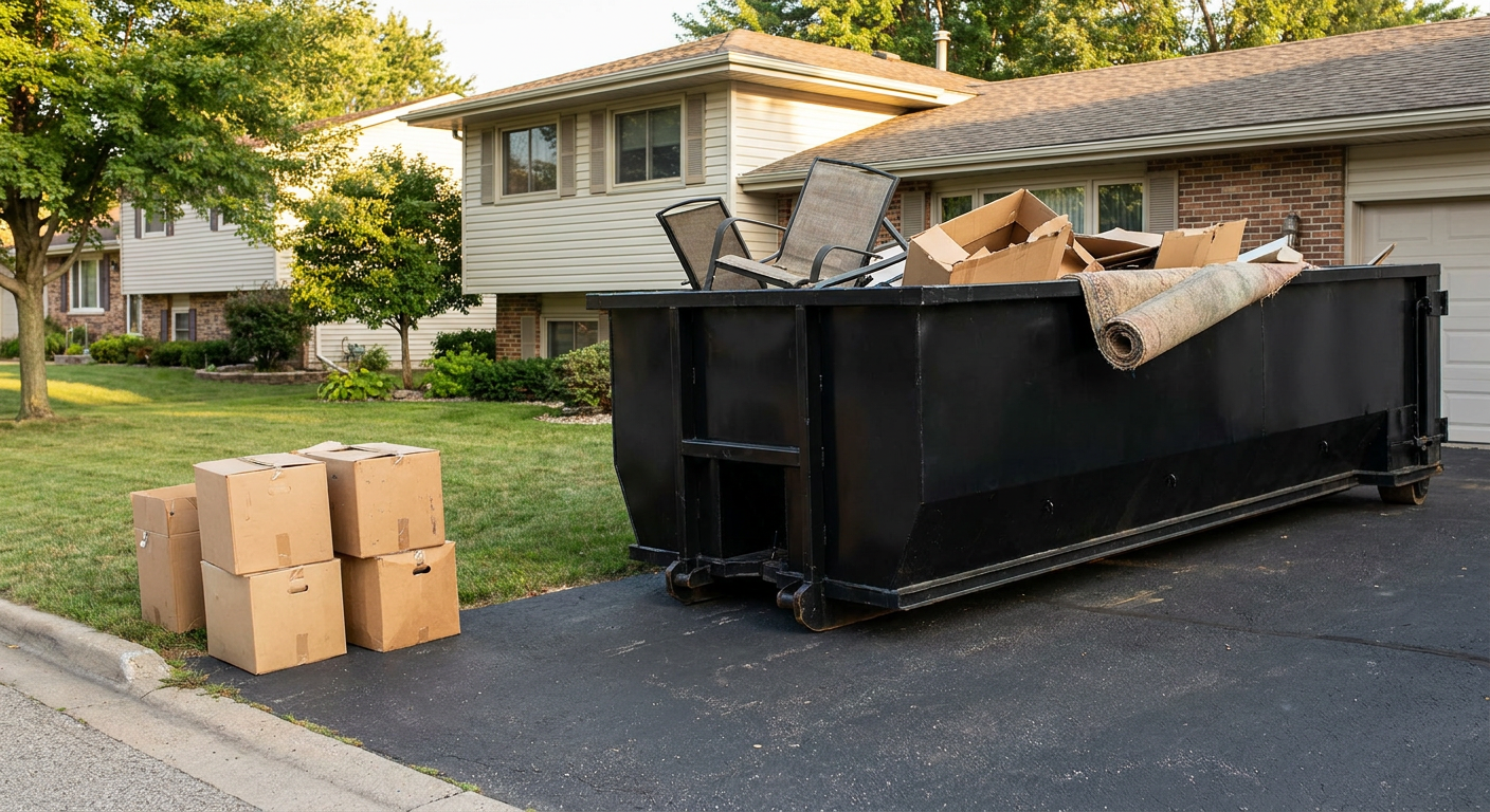 Front-yard view of a West Palm Beach split-level home with a 20-yard matte-black roll-off dumpster sitting directly on the asphalt driveway, a few clearly labeled donation boxes staged at the curb, calm sunny afternoon.