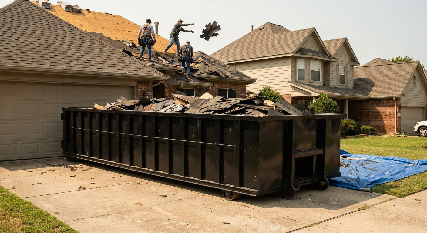 Matte-black roofing roll-off dumpster placed directly on a West Palm Beach residential concrete driveway, a tear-off crew on a two-story asphalt-shingle roof tossing shingle bundles into the low-walled container, bright daylight, documentary 35mm perspective.