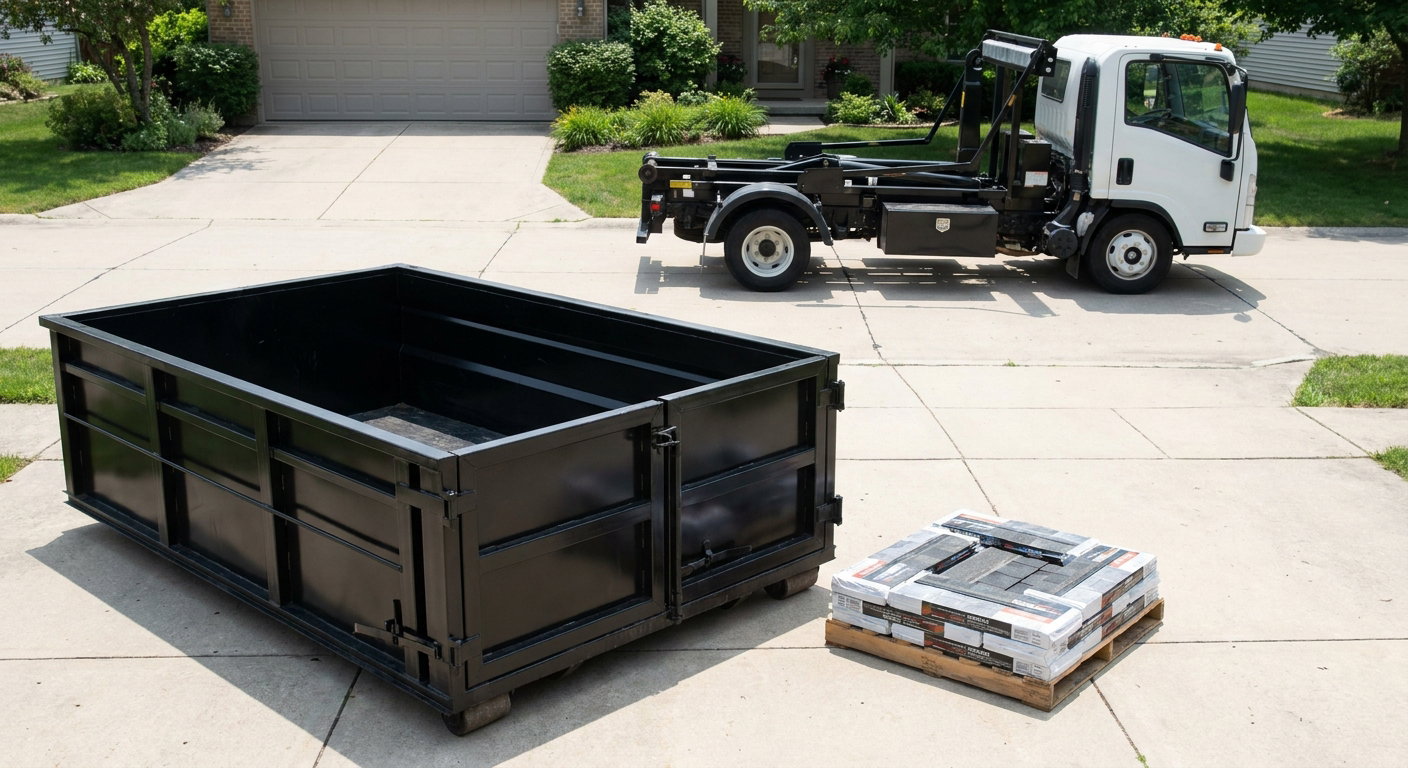 Matte-black 15-yard roofing roll-off dumpster with reinforced low side walls sitting directly on a West Palm Beach residential concrete driveway, three-tab asphalt shingle bundles stacked nearby, an unmarked white hauler truck partially visible at the edge of the frame.