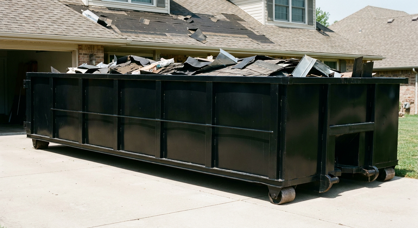 Matte-black 20-yard roofing roll-off dumpster with steel ribbed sides and swinging rear door, sitting directly on the concrete driveway of a two-story West Palm Beach home, asphalt shingle debris being loaded over the low wall, clean documentary lighting.