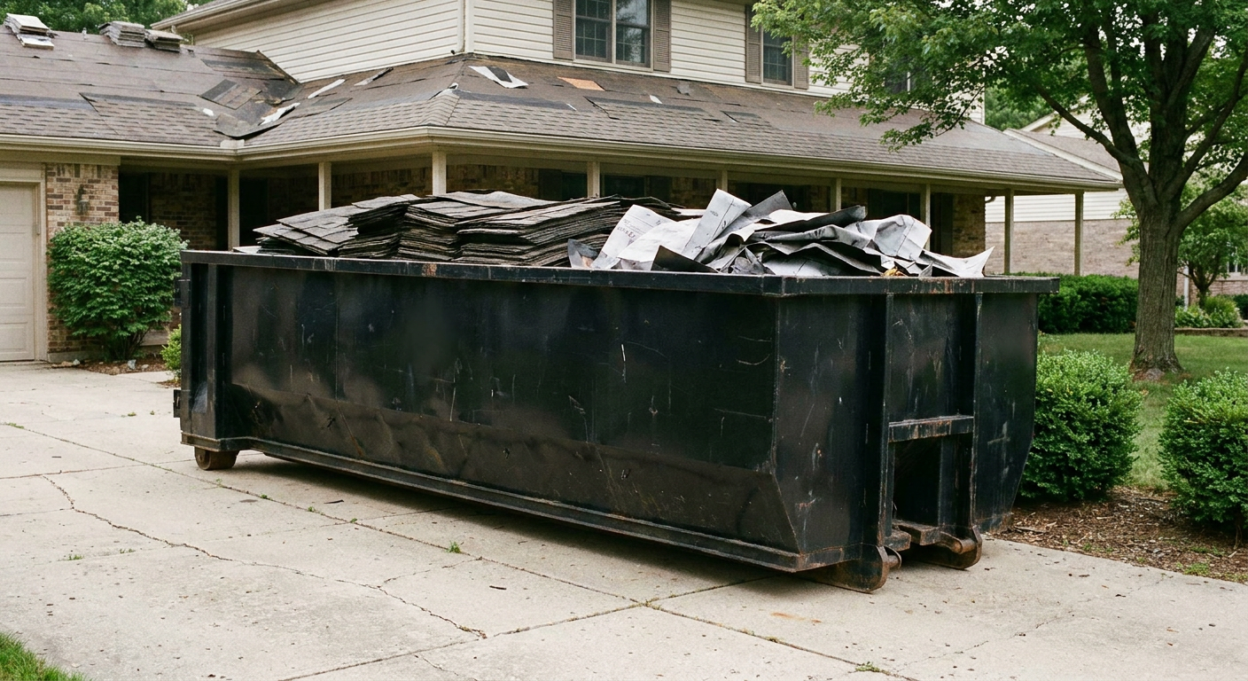 Matte-black 30-yard roofing roll-off dumpster sitting directly on a West Palm Beach concrete driveway, taller ribbed steel side panels, mixed tear-off debris of asphalt shingles and underlayment inside, professional documentary daylight.