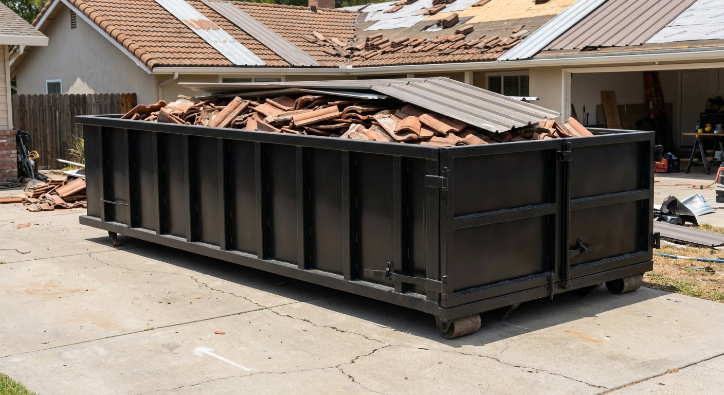 Matte-black low-wall heavy-debris roofing roll-off dumpster sitting directly on a West Palm Beach concrete driveway, broken concrete clay roof tiles and metal panel sections loaded inside, reinforced ribbed steel side walls visible, bright outdoor daylight.