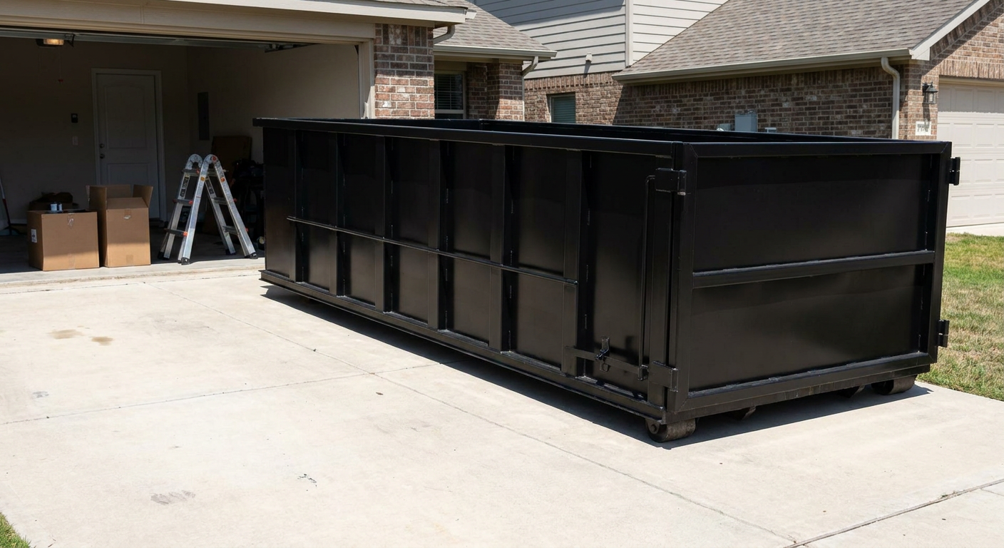 A matte-black 10-yard roll-off dumpster sitting directly on a residential West Palm Beach concrete driveway, mid-day sunlight, clean and ready for a garage cleanout.